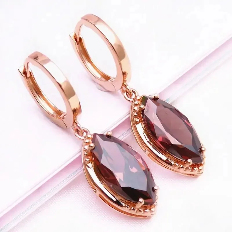 Exquisite New in Marquise Shape Pink Gems Earrings for Women Simple Fashion Copper Plated Rose Golden Earings Jewelry