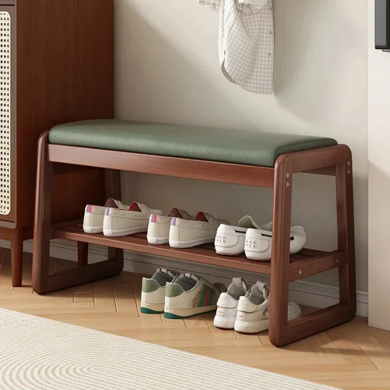 Shoe Cabinet 2-Layer Solid Wood Foot Stool with Imitation Rattan Weaving Entrance Bench with Comfortable Seat Cushion for