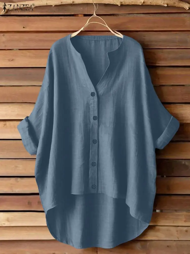 

ZANZEA 2025 Autumn Shirt Women Loose Blouses Female OL Work Blouse V Neck High Low Blusas Casual 3/4 Sleeve Button Tops Oversize
