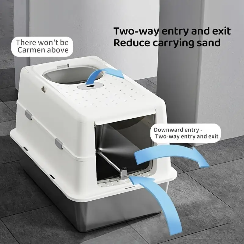 Extra-Large XXL Enclosed Cat Litter Box for Cats, Stainless Steel, with Lid and Scoop Non-Stick, Leak-Proof, Odorless Easy Clean view 5