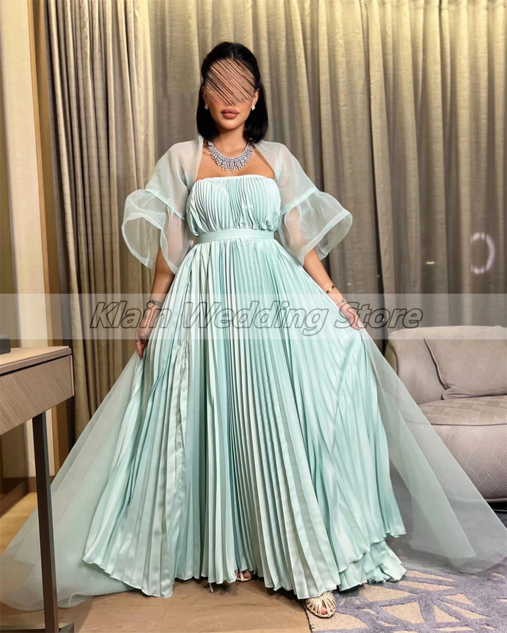 Customized A-line Strapless Prom Gown Muslim Clothing Pleat Evening Dresses For Women Three Quarter Maxi Dress فساتين سهرة فخمه