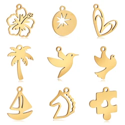 Pendentif à breloques en acier inoxydable, fleur, colibri, cheval, voilier, arbre, pigeon, bijoux à bricoler soi-même, accessoires faits à la main, vente en gros, lot de 5 pièces