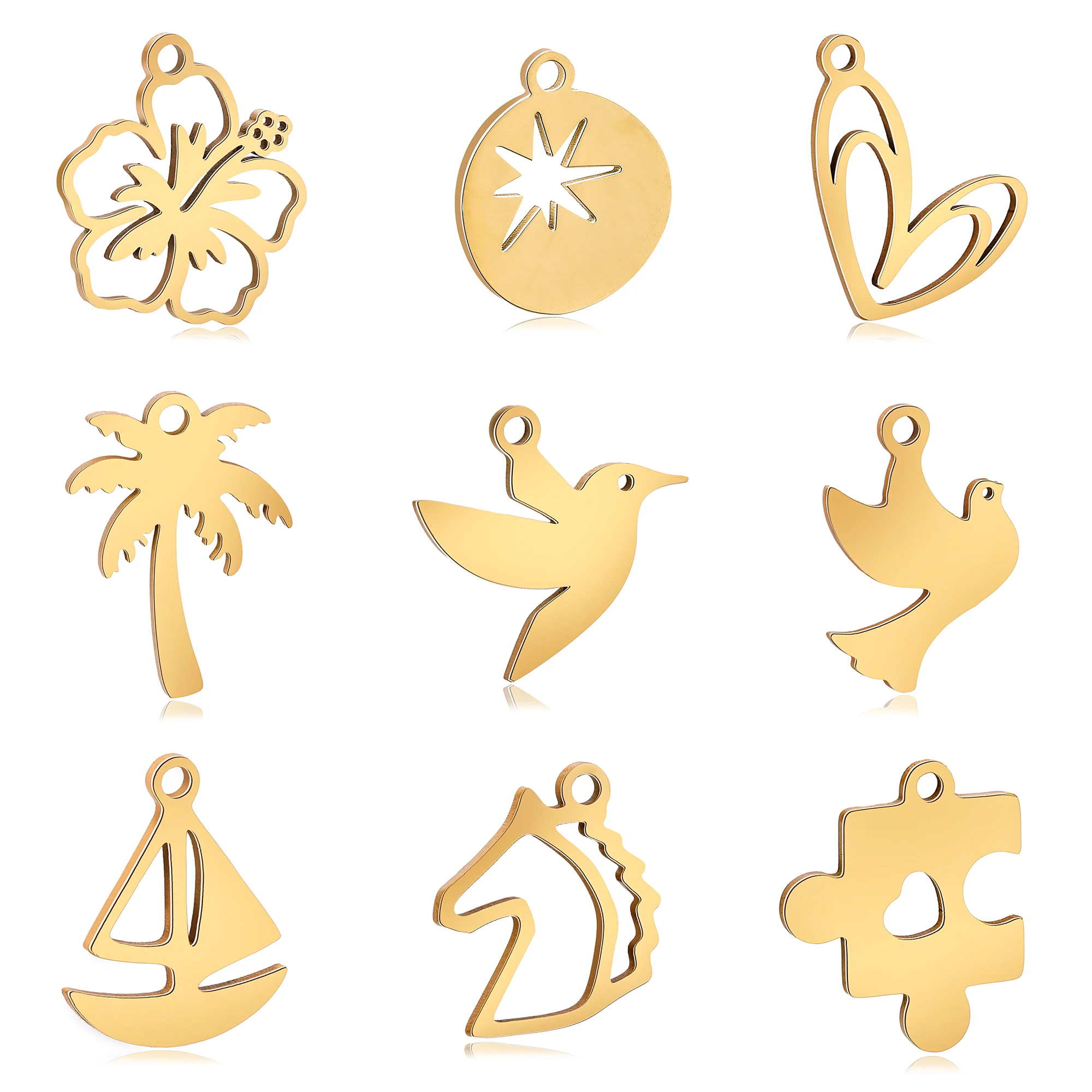 5pc/Lot Stainless Steel Flower＆Humming Bird＆Horse＆Sailboat＆Tree＆Pigeon Charms Pendant DIY Jewelry Handmade Accessories Wholesale