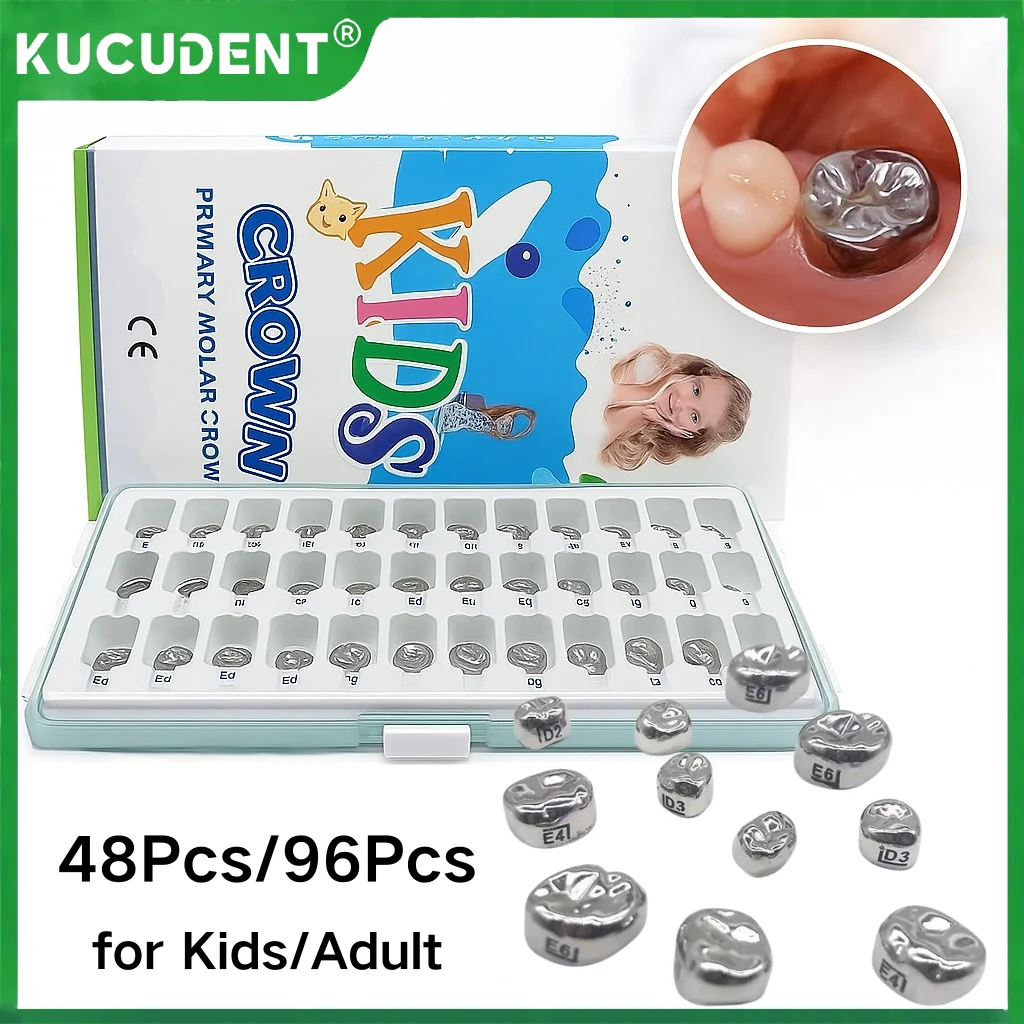 

48 шт./кор., стоматологические первичные молярные коронки, предварительно сформированные временные коронки из нержавеющей стали, комплект для взрослых/детей, детская лиственная корона