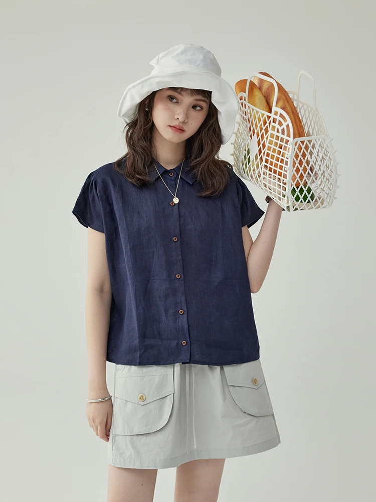 AMUU North Island Retro  Collar Simple Short Sleeve Women's Shirt Versatile Summer Slimming Artistic Style Fashionable