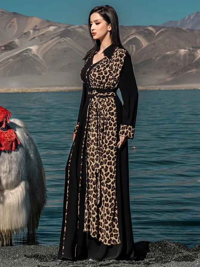 

Middle East Sle Leopard Print Casual Long Dr Dubai Robe Faionable Square Collar A-Line Skirt High Waist Spring Autumn