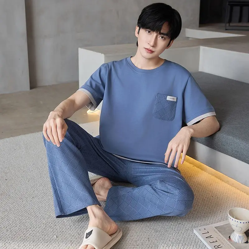 2026 Summer Short Sleeve Long Pants 100% Cotton Pajama Sets for Men Korean Loose Sleepwear Pyjamas Homewear Lounge Home Clothes