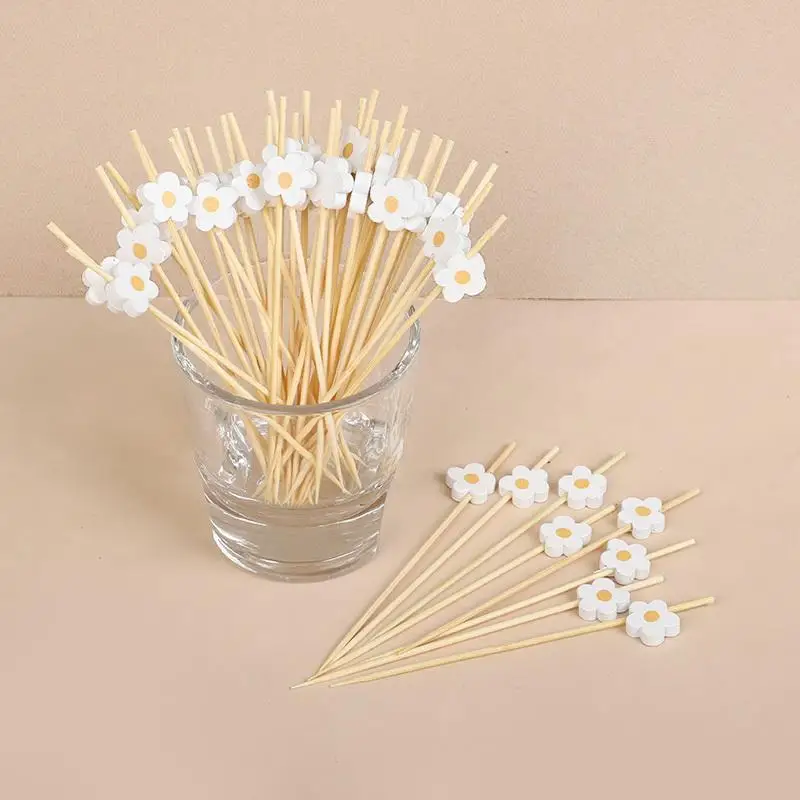 50/100pcs Cocktail Toppers with White Daisy, Fruit Dessert Snack Decor for Party Home Use