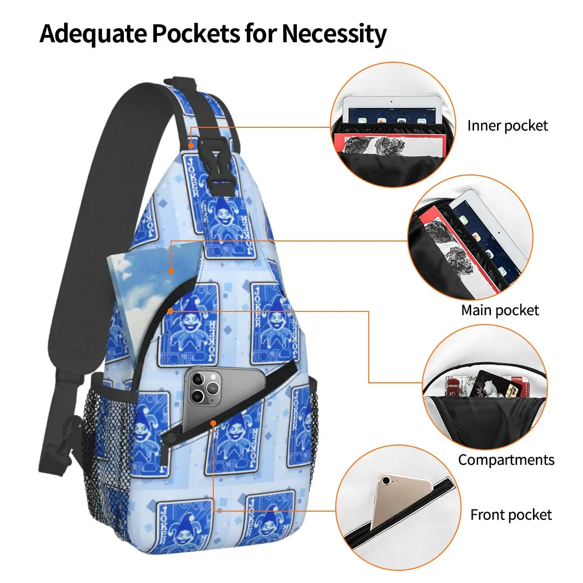 Balatro بطاقة الألعاب جوكر مضحك حقيبة الصدر الرجال حبال Crossbody على ظهره حقيبة صدر للرجال السفر المشي لمسافات طويلة Daypack حقيبة كتف