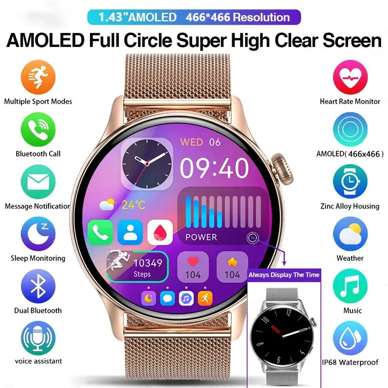 2024 verdadeiro amoled relógio inteligente senhoras tela sempre mostrar tempo 390*390 hd rastreador de saúde chamada de voz smartwatch feminino chamada relógio