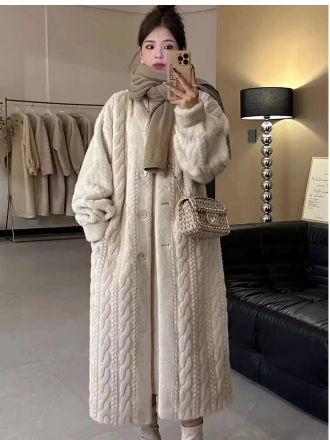 Faux Fur Coat Women 2025 - Long Plush Mink Effect Cable Knit Cardigan, Eco Friendly Thickened Winter Jacket, Y2K Cozy Fuzzy Oute