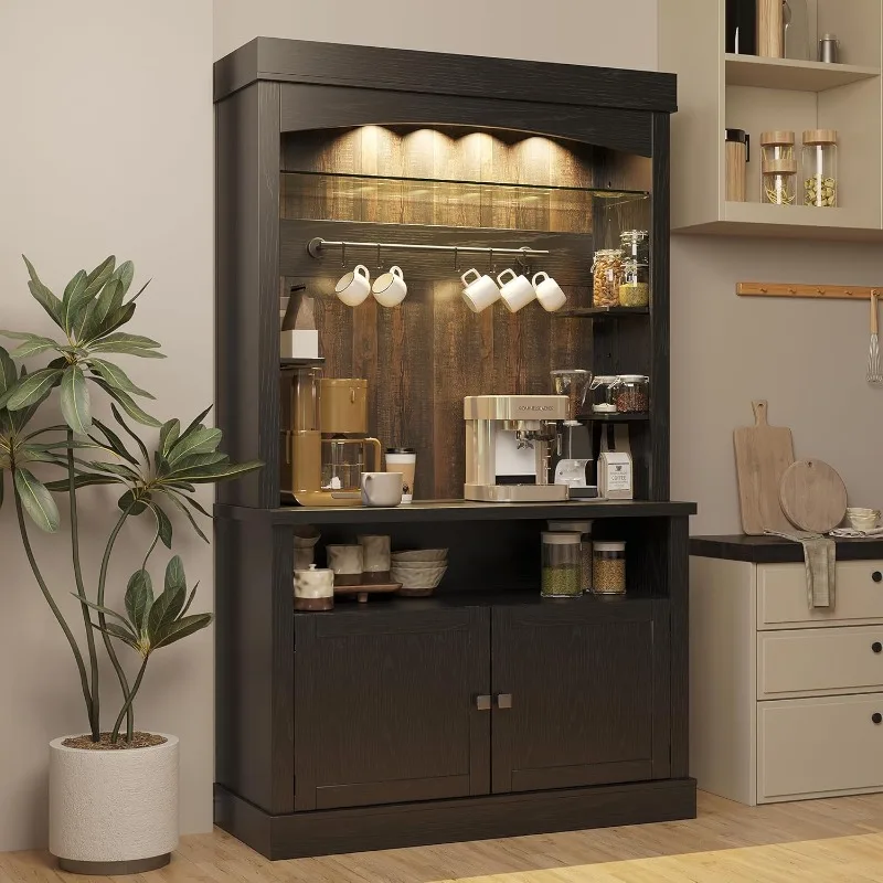 

Farmhouse Coffee Bar Cabinet with Storage LED Buffet Cabinet 72" Coffee Hutch Cabinet Large Kitchen Sideboard with Wine