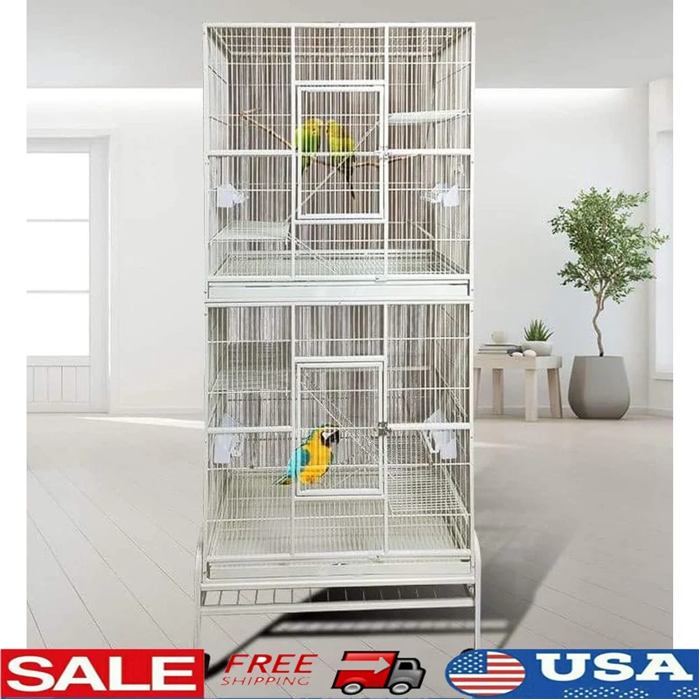 

Large Double Stacker Bird Cage Parrots with Two Individual Cages Nesting Box Doors Easy Clean Metal Feeder Cups Rolling Stand