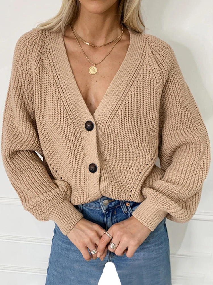 ZOKI Women Knitted Cardigans Sweater Fashion Autumn Long Sleeve Loose Coat Casual Button Thick V Neck Solid Female Tops 2023