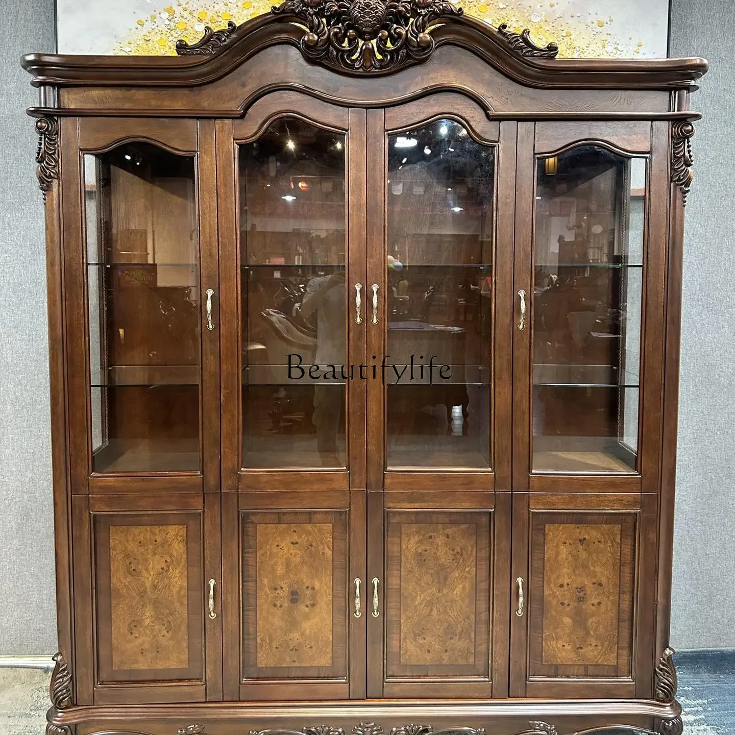 

ld14 Pure Solid Wood Four-Door Large Wine Cabinet Large Capacity Storage Multi-Functional Glass Door Wine Cabinet