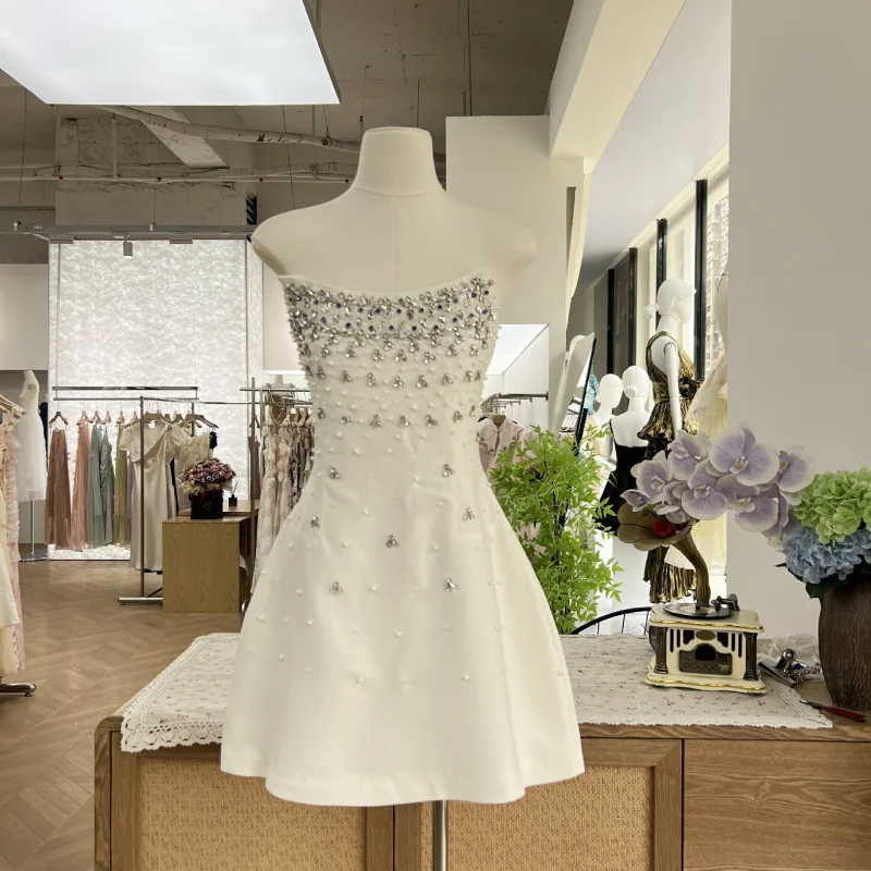 

Heavy Craft Nail Drill Hand Sewing High-End Hourglass Shape Strapless Dress Vintage Niche Short Party Dress