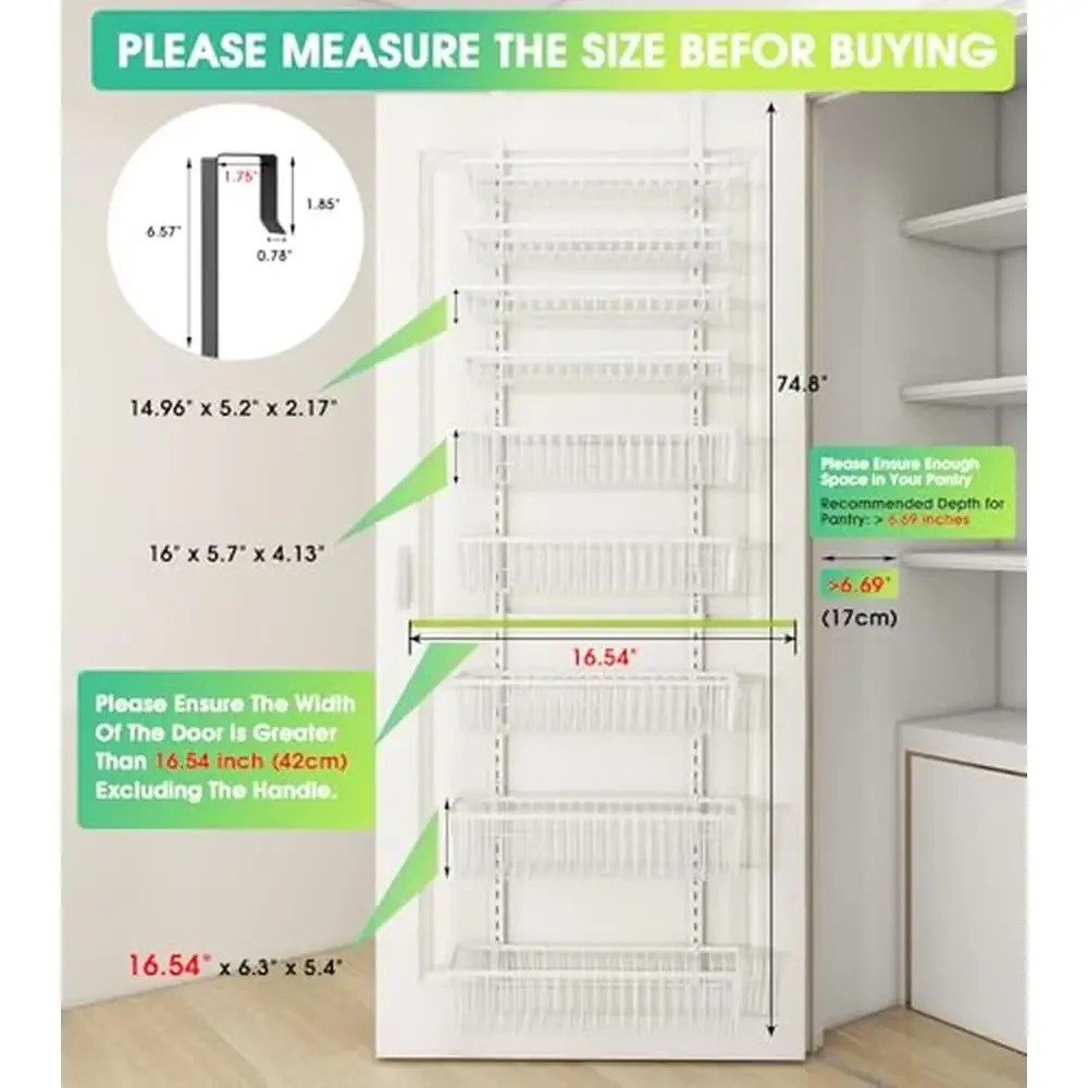 Adjustable Over Door Pantry Organizer 9-Tier Hanging Wall Spice Rack Metal Storage Basket Organizer White