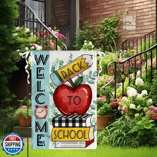 Cryfox バック トゥ スクール ガーデン フラッグ アップル バーラップ 12 x 18 両面 JJE