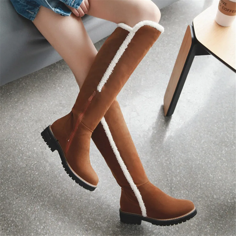 Winter Women Knee-High Boots Warm Plush Lining Snow Boot Faux Fur Trim Flock Zip Thicken Shoes Long Boots Black Brown Beige 2025