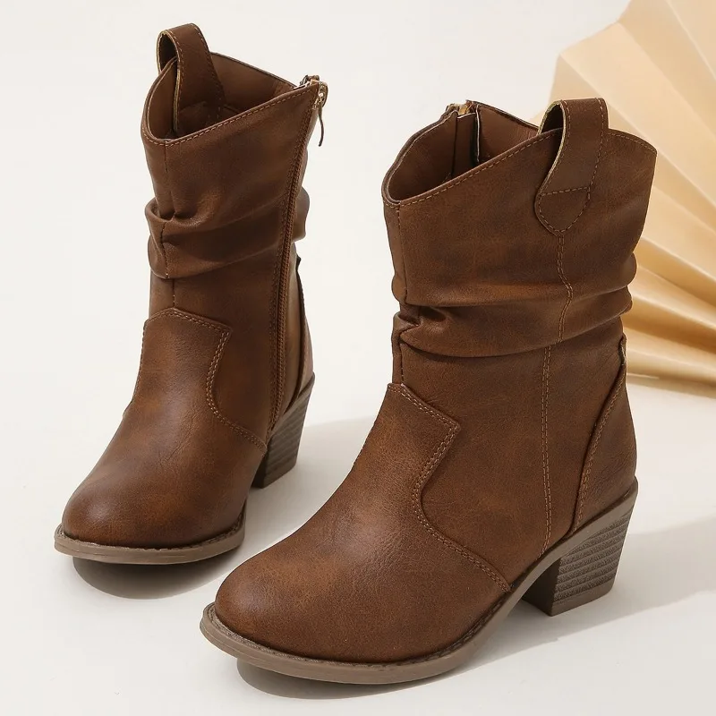 2023 Autumn Spring New Girls Boots Retro Pleated Thick Heel Fashion Kids Versatile Soft Brown Children Casual Boots Elegant Chic