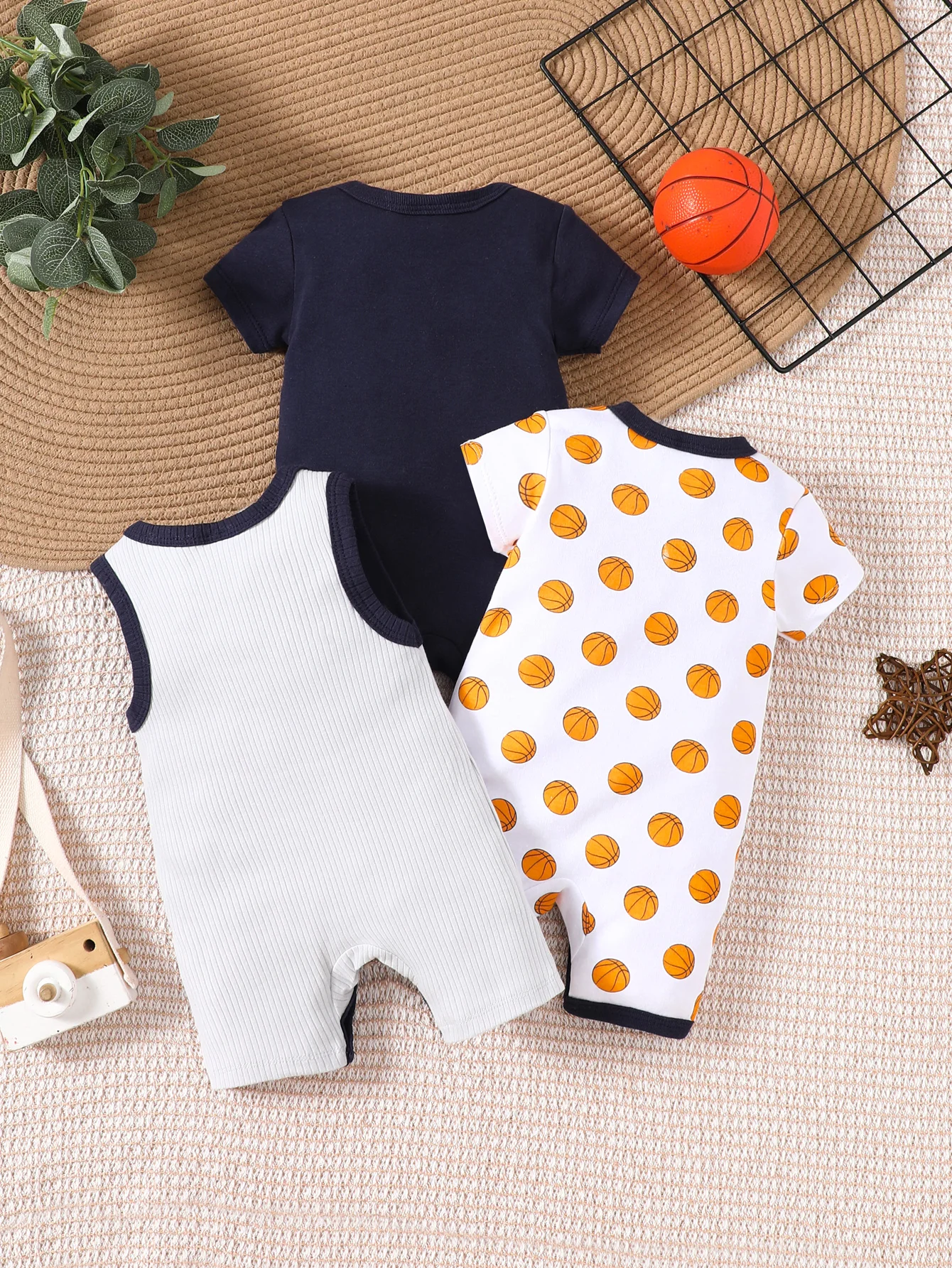 3PCS Boys\' Baby Summer and Autumn Short sleeved Jumpsuit Cute Baseball Pattern Cotton Soft and Moisture Absorbing