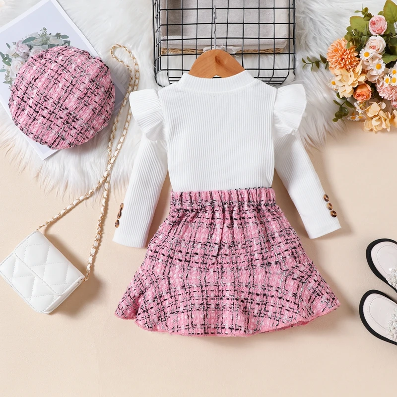 Kids Clothes Girl Fall Winter Outfits Ruffles Ribbed T-Shirts+Plaid A-Line Short Skirt+Berets Hats Children\'s Sets