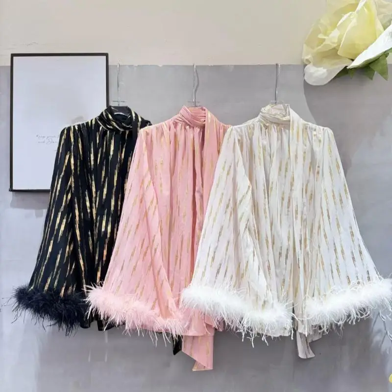 

Fashion Chic Women Stand Up Neck Flare Sleeves Tie Neck Shirt Ribbon Hot Feather Spliced Loose Top Wome Black Pink Blouses 2024