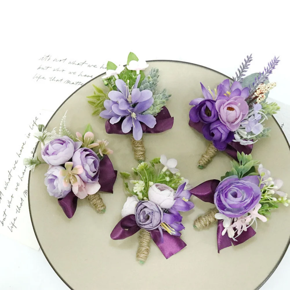 Classic Lavender Rose Boutonniere for Wedding Guest Silk Flowers Handmade Pins Bridesmaid Prom Bow Corsage Wrist alfileres boda