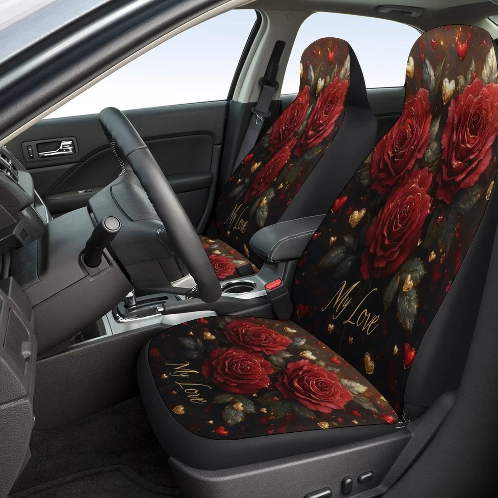 Set Of Car Seat Covers Featuring A Roses And Hearts Theme, Suitable For Various Vehicles. Stylish And Unique, This Complete Set