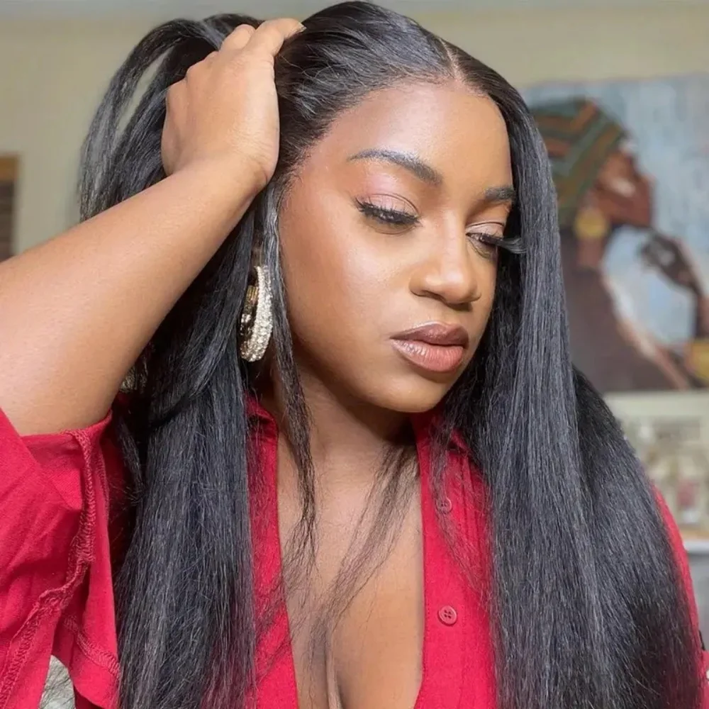 Kinky Straight 13x4 Transparent Lace Front Human Hair Wig Pre Plucked Yaki Brazilian 200% Density Lace Closure Human Hair Wig