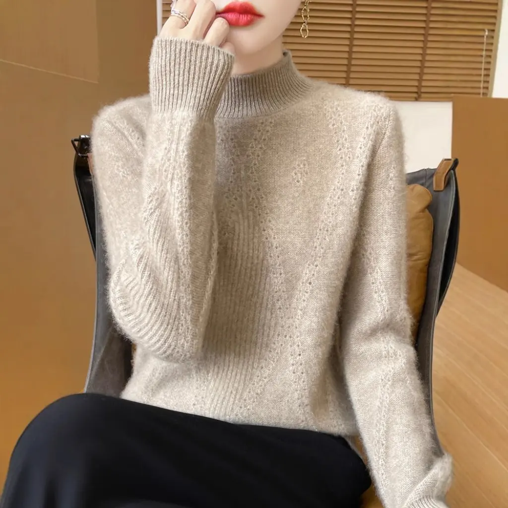 

Women's 100% Wool Knitted Sweater Half-Turtleneck Thick Large Diamond Hollow Pullover Base Shirt for Autumn And Winter