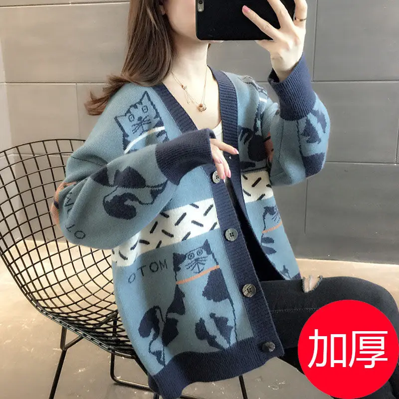 Cartoon V-neck Knitting Cardigan Coat Women Autumn Winter Fashion Loose Long Sleeve Sweater Casual All-match Trend Knitwear Tops