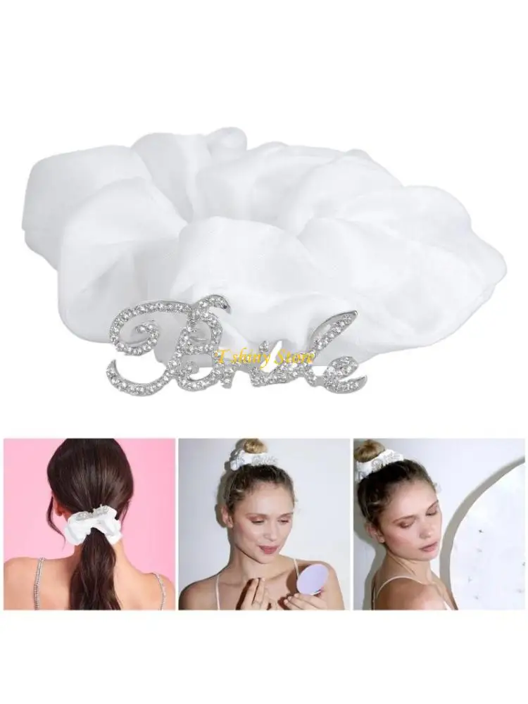 N58F Elegant Bride Hair Scrunchies Elastic Hair Scrunchy Rhinestones Ponytail Holder