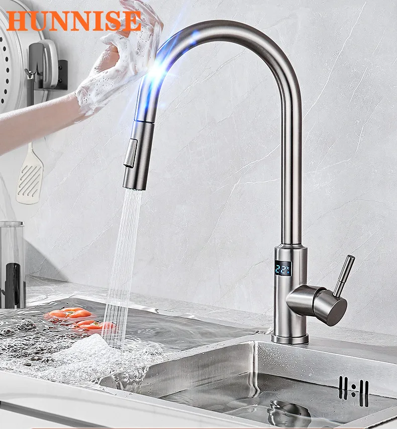 

Smart Digital Touch Kitchen Mixer Tap Brushed Pull Out Kitchen Faucet Hot Cold Water Tap Sensor Touch Digital Kitchen Faucet