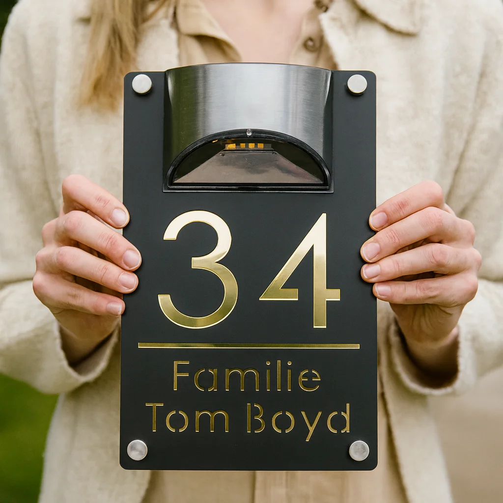 Modern Personalized Solar LED Outdoor House Number Sign, Custom Laser Cut Acrylic Address Plaque Waterproof Yard Name Home Decor