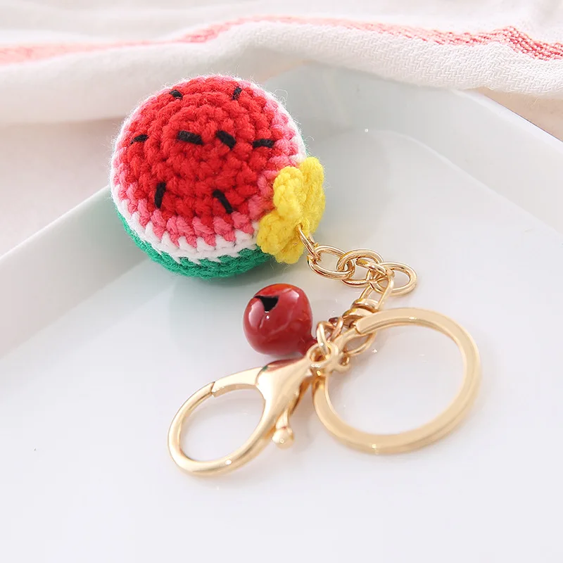 Women Creative Crocheted Cartoon Knitting Pendant Keyring Fruit Keychain Cute Knitted Donut Doll Car Key Holder