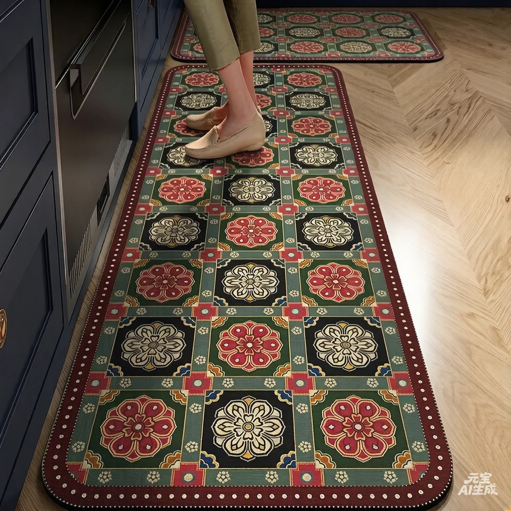 VIKAMA Vintage Kitchen Rug Water And Oil Absorbent Dirt Resistant Suitable For Restaurant Corridor Floor Covering And Home Decor