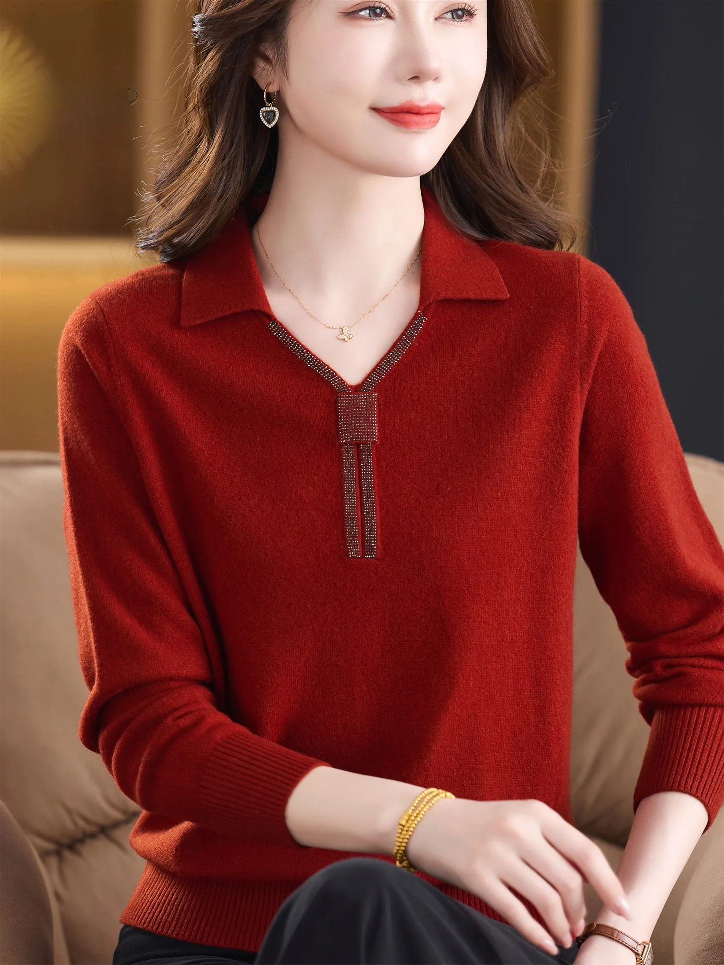 

Женский вязаный шерстяной воротник с свободным базовым слоем, модный верх из чистой шерсти, весна-осень, новый шлейф для среднего возраста и э...