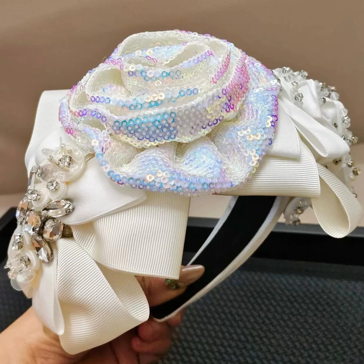 اليدوية الأبيض الأسود روز زهرة عصابات الشعر بوهو تاج رباطات للنساء الفتيات الزفاف إكسسوارات الشعر بالجملة #6