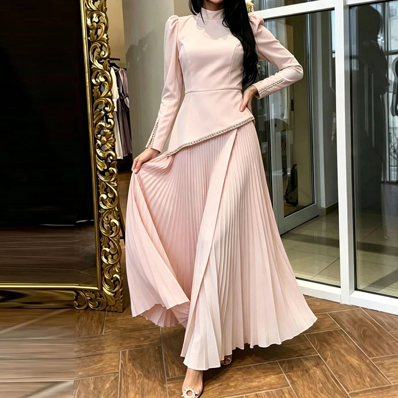 Temperament O-neck High Waist Fold Evening Dress Elegant Long Sleeve Patchwork Banquet Dress Lady Solid Color Irregular Dresses