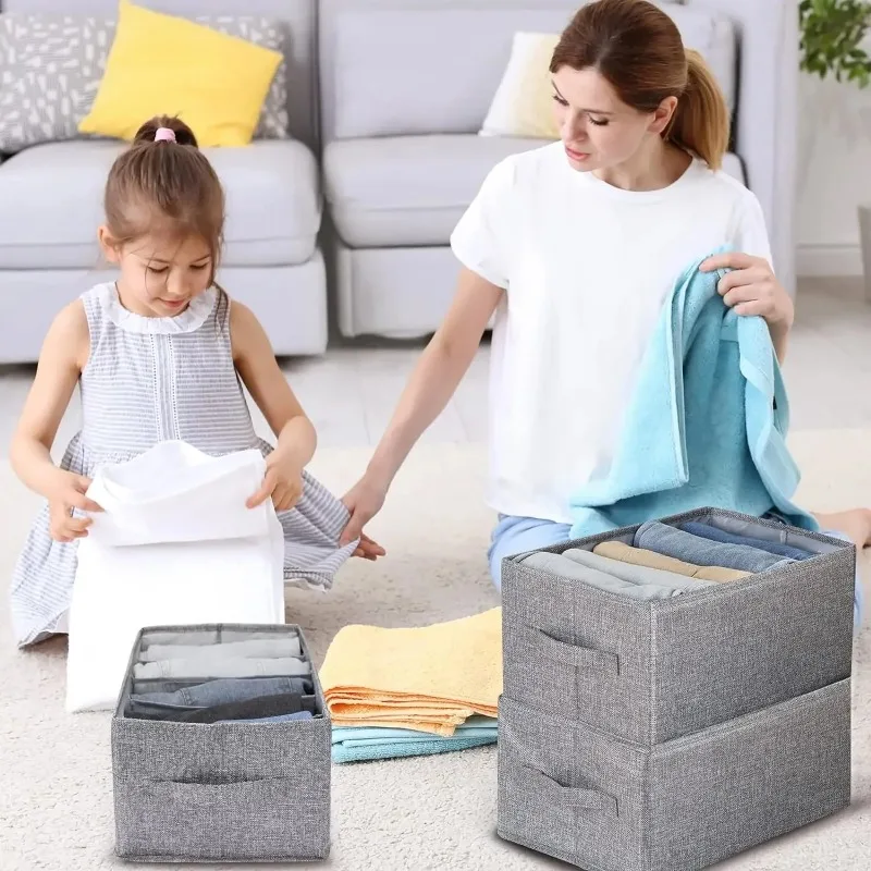 Large Size Foldable Clothes Organizer Cotton Linen Wardrobe Drawer Organizer Closet Pants Jeans Storage Box with Dividers Handle