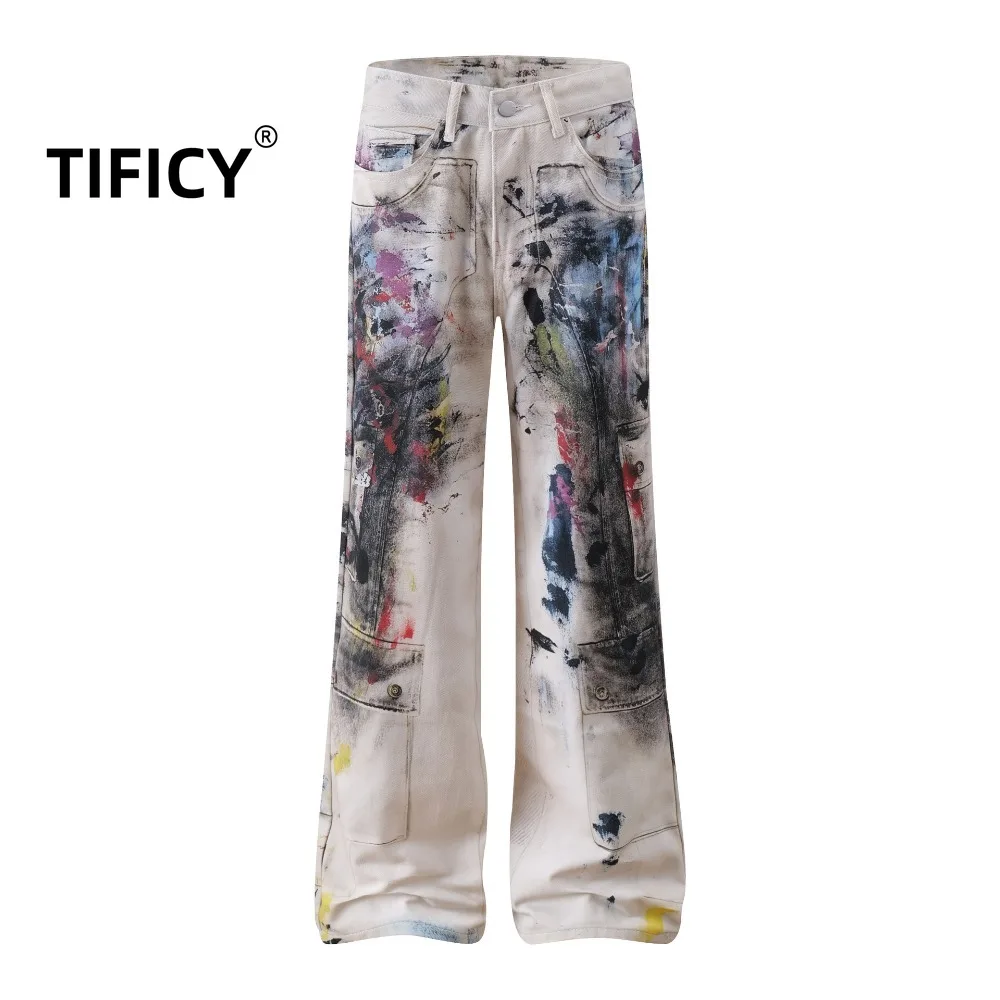 High Street Jean Pants Men's High Street Heavy Industry Wash Inkjet Graffiti Jeans Wide Leg Streetwear Casual Pants