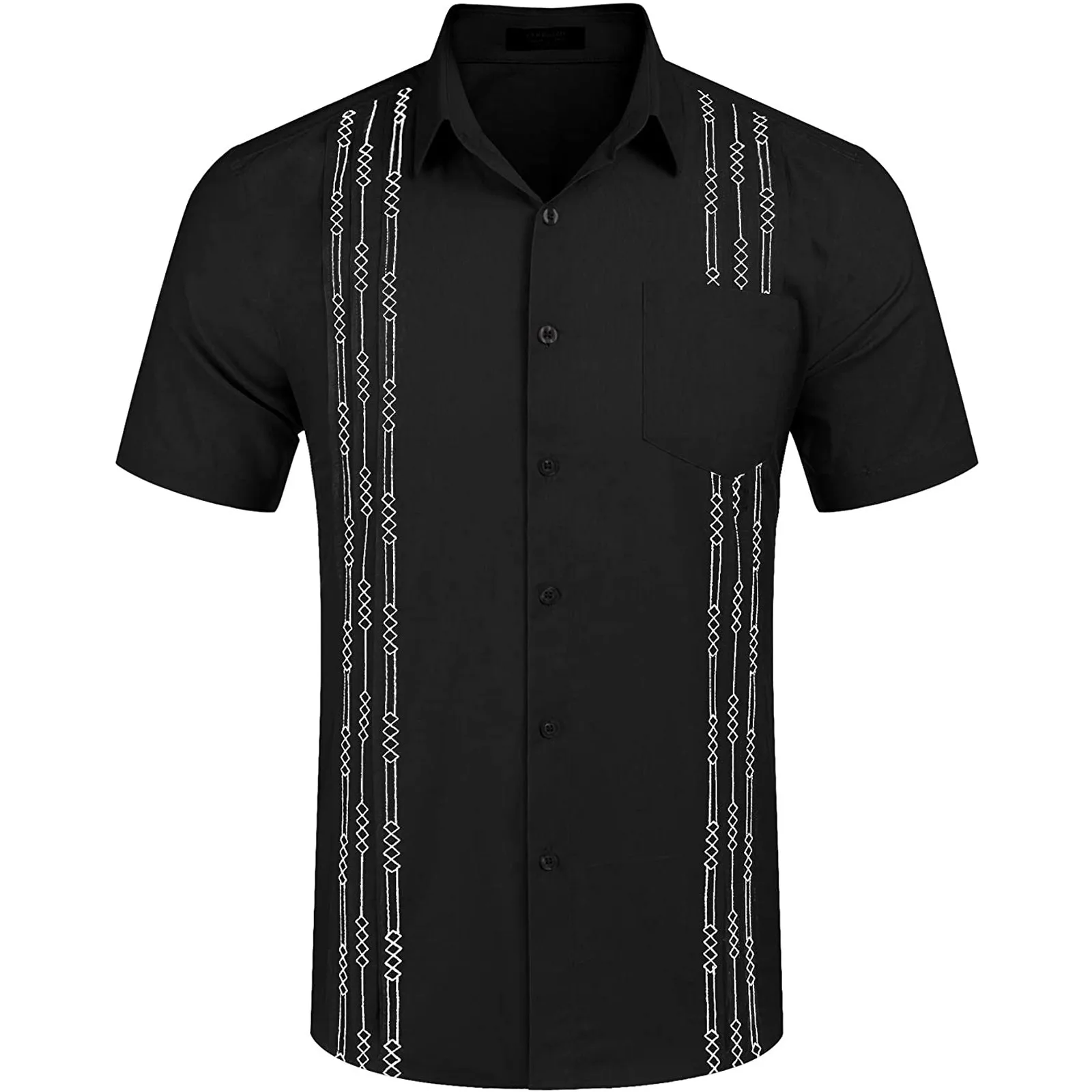 Men\'s Short Sleeve Linen Shirt Cuban Beach Tops Pocket Guayabera Shirts Social dress shirt Solid Shirts Flower Holiday