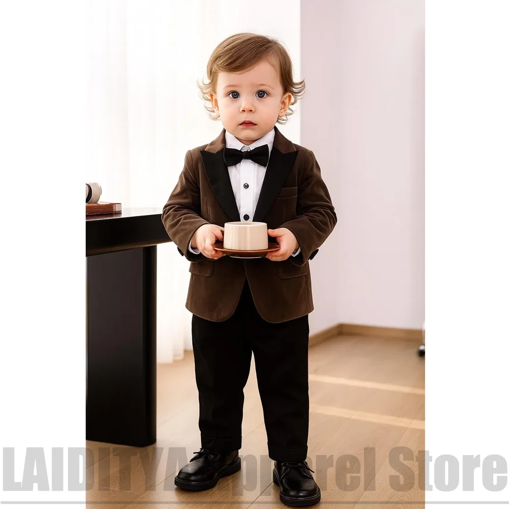 Baby Boys Velvet Suit Set Peak Lapel One Button Jacket Trousers Children Wedding Flower Boy Suits Birthday Party 2 Piece
