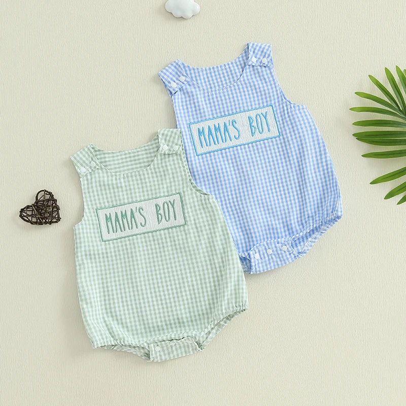 Bebê menino verão macacão carta bordado xadrez impressão sem mangas em torno do pescoço macacão bebê recém-nascido roupas menino