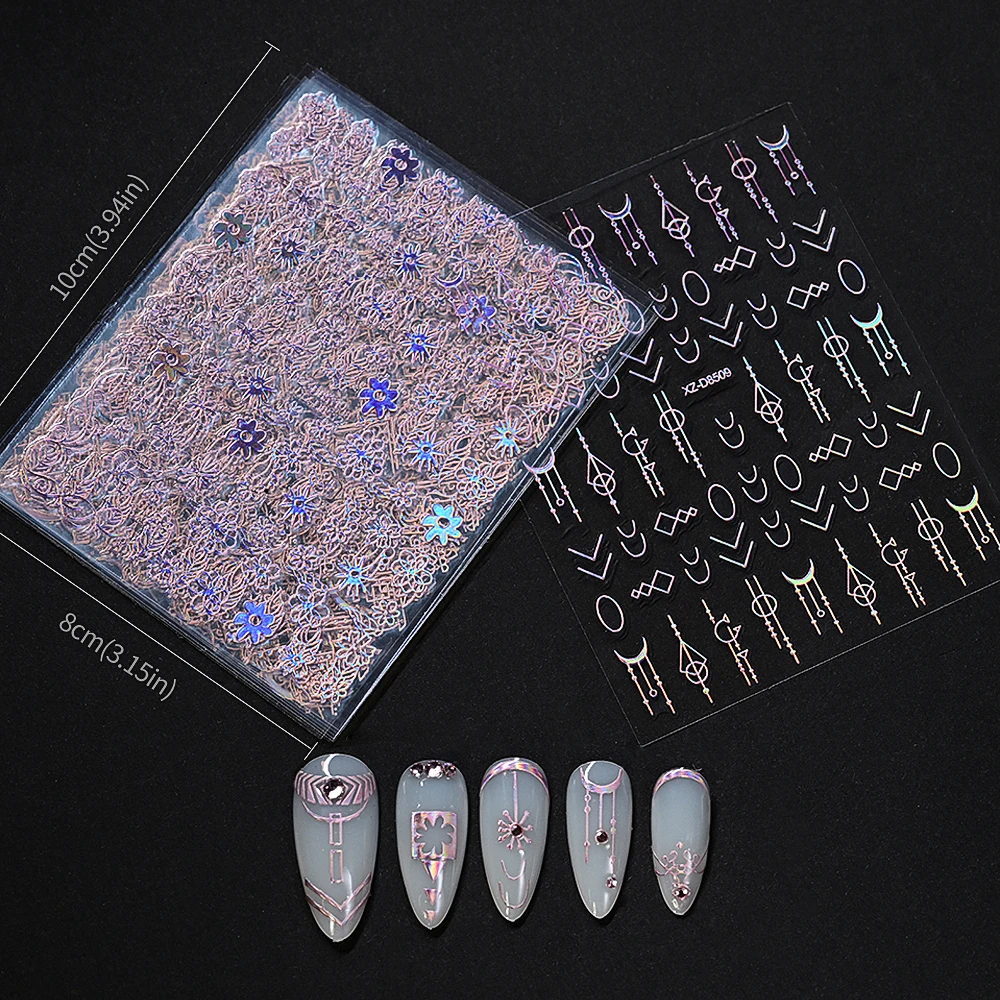 12 stuks 3D geometrie bloem blad nagelstickers roze laser zilveren lijn geometrisch geschilderd slider nail art stickers manicure decoraties