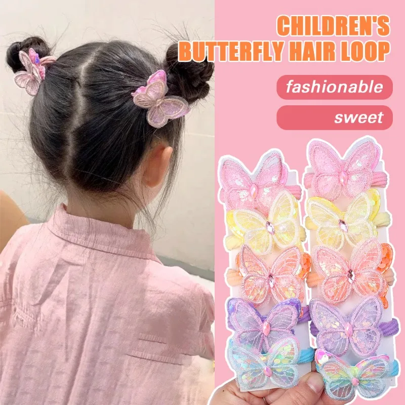 Children Hair Rings Cute Colorful Sequin Butterfly High Elastic High Ponytail Holder Braid Rubber Band Girl Sweet Hair Accessory