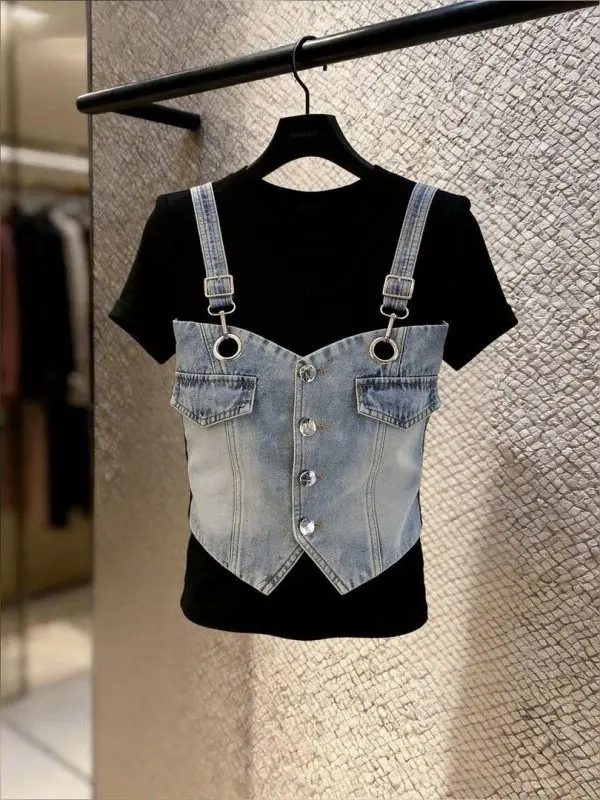 Summer New Women's Short Sleeve T-Shirt Denim Patchwork Base Design Sense Top Korean Style Bottoming Shirt round Neck Pure Color