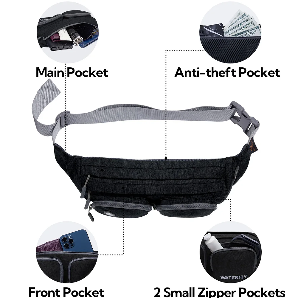 WATERFLY Fanny Pack Waist Bag Travel Hip Pouch Bum Bag Plus Size Crossbody Fannie Pack Adjustable Belt For Man Woman Hiking