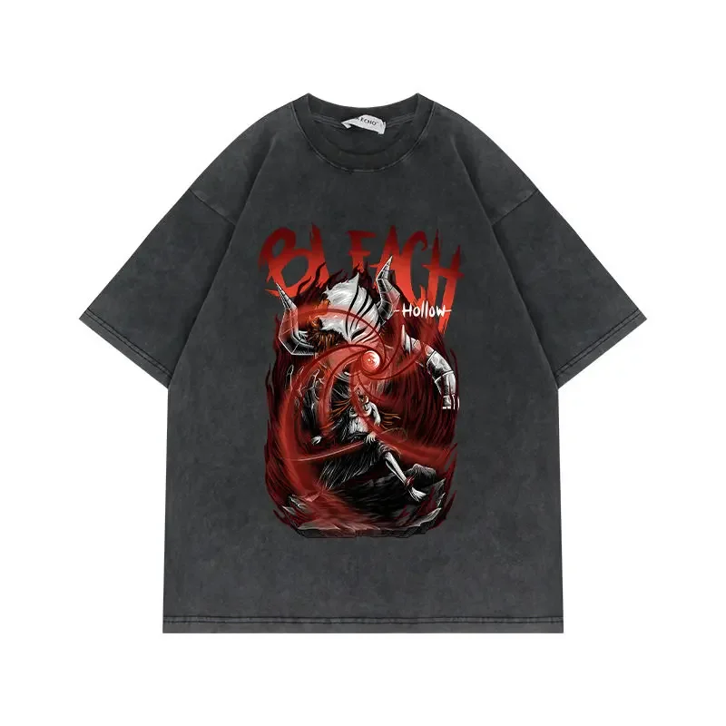 Bleach 2026 Summer Men T-shirt Streetwear Washed Black Oversized Short Sleeve Casual Daily Wear Hollow Ichigo Intense Battle Art